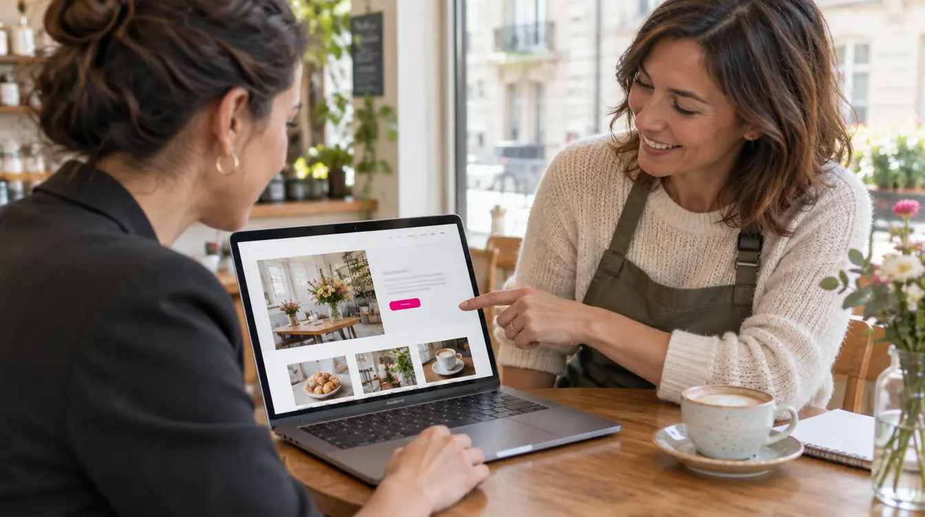 Présentation d'une maquette de site à une commerçante